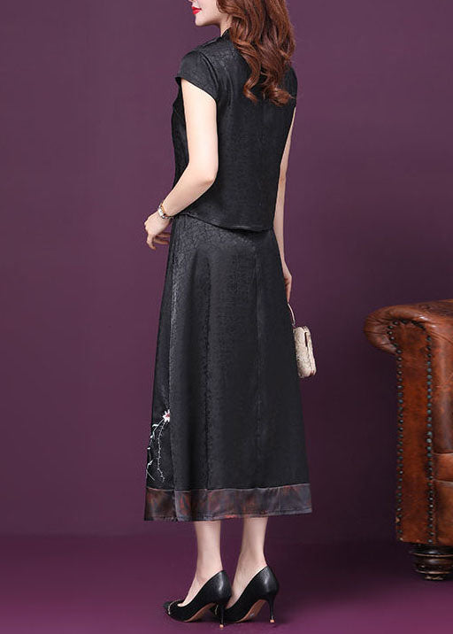 Italian Black Embroideried Patchwork Tops And Skirts Silk Two-Piece Summer LY4664 - fabuloryshop