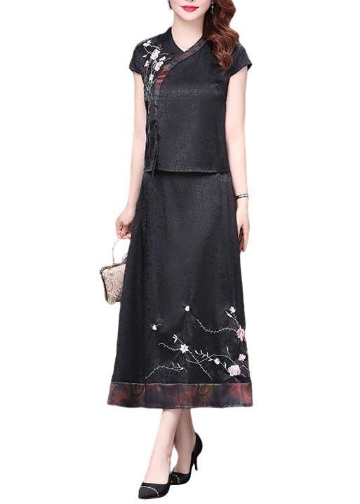 Italian Black Embroideried Patchwork Tops And Skirts Silk Two-Piece Summer LY4664 - fabuloryshop