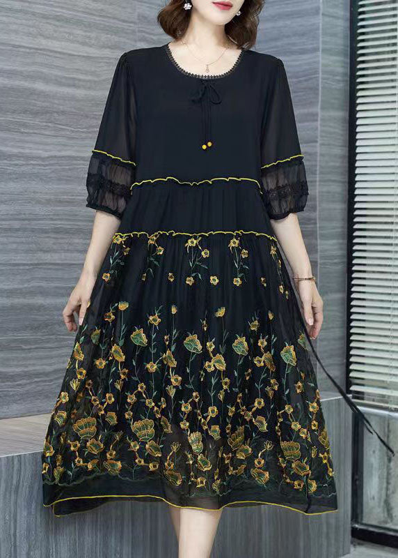Italian Black Embroideried Wrinkled Patchwork Chiffon Dresses Summer Ada Fashion