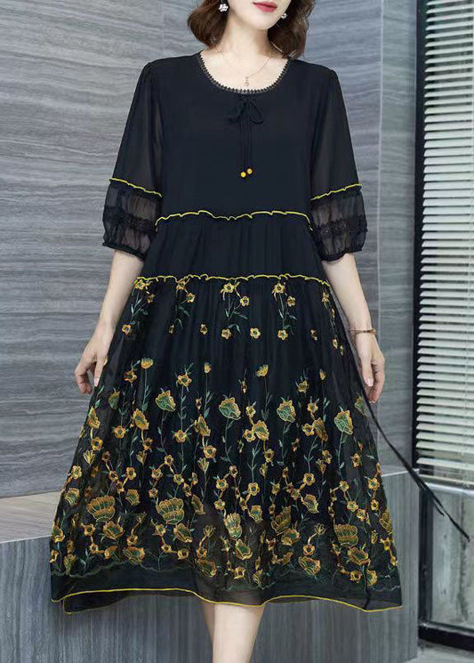 Italian Black Embroideried Wrinkled Patchwork Chiffon Dresses Summer Ada Fashion