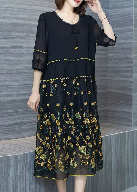 Italian Black Embroideried Wrinkled Patchwork Chiffon Dresses Summer Ada Fashion