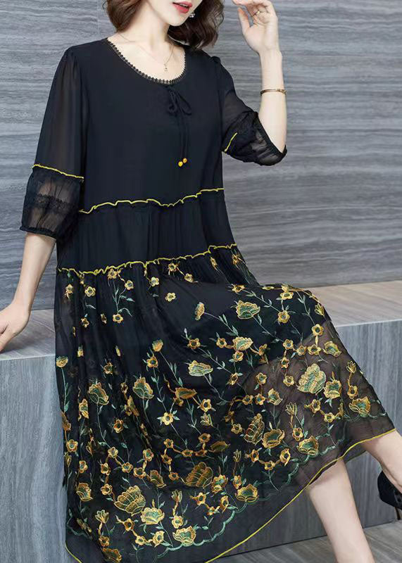 Italian Black Embroideried Wrinkled Patchwork Chiffon Dresses Summer Ada Fashion