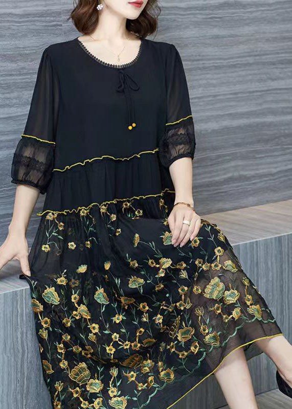 Italian Black Embroideried Wrinkled Patchwork Chiffon Dresses Summer Ada Fashion