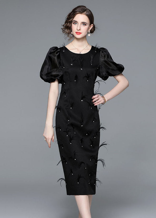 Italian Black Feather Zircon Patchwork Silk Long Dresses Puff Sleeve LY7415 - fabuloryshop