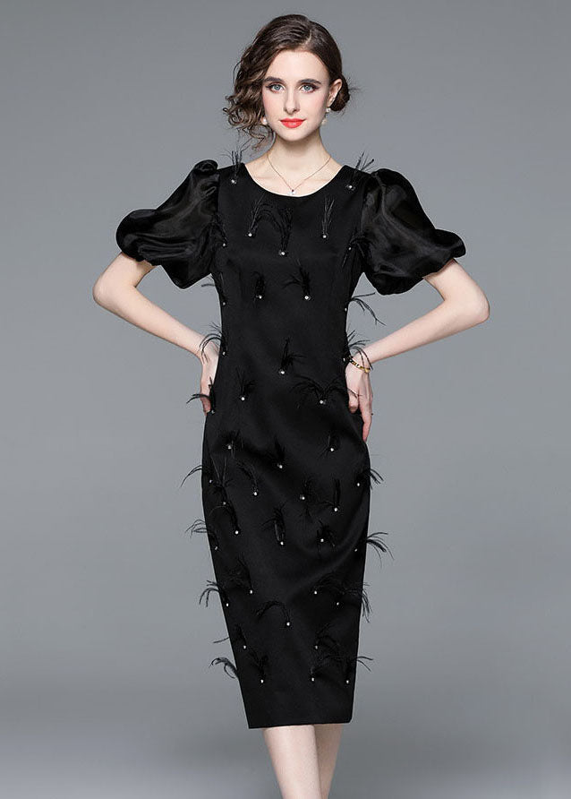 Italian Black Feather Zircon Patchwork Silk Long Dresses Puff Sleeve LY7415 - fabuloryshop