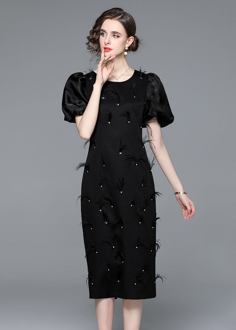 Italian Black Feather Zircon Patchwork Silk Long Dresses Puff Sleeve LY7415 - fabuloryshop