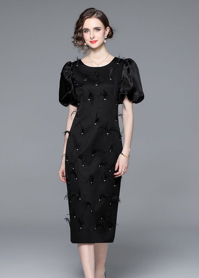 Italian Black Feather Zircon Patchwork Silk Long Dresses Puff Sleeve LY7415 - fabuloryshop