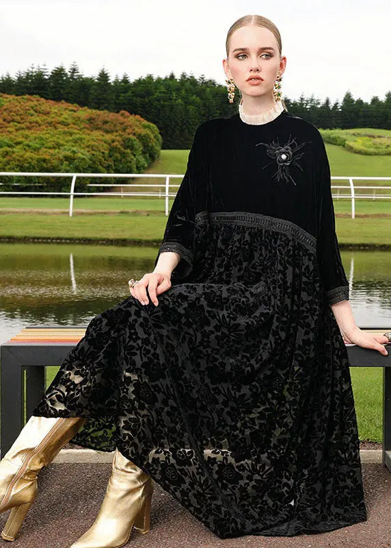 Italian Black Floral Embroidered Patchwork Silk Velour Dress Long Sleeve Ada Fashion