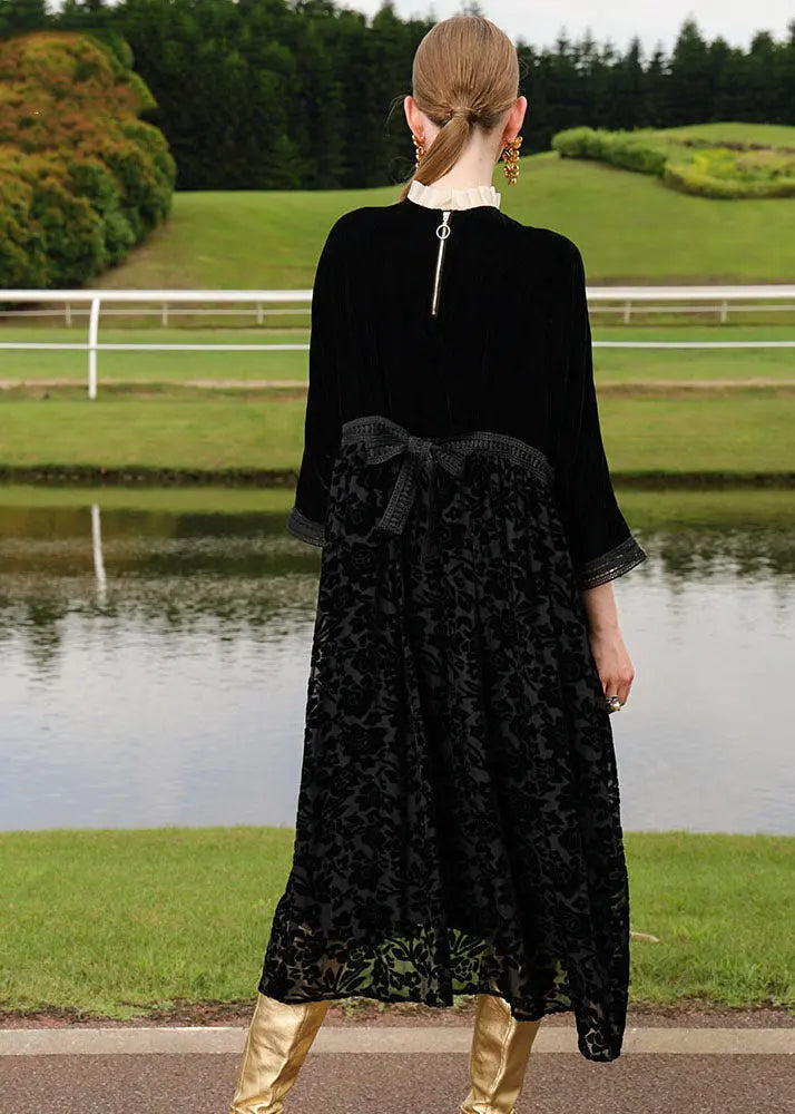 Italian Black Floral Embroidered Patchwork Silk Velour Dress Long Sleeve Ada Fashion