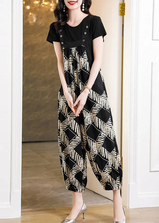 Italian Black Geometric Print Cotton Two Pieces Set Summer Ada Fashion