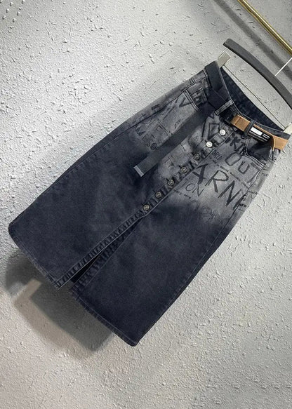 Italian Black Graphic Pockets Front Open Patchwork Denim Skirts Fall Ada Fashion