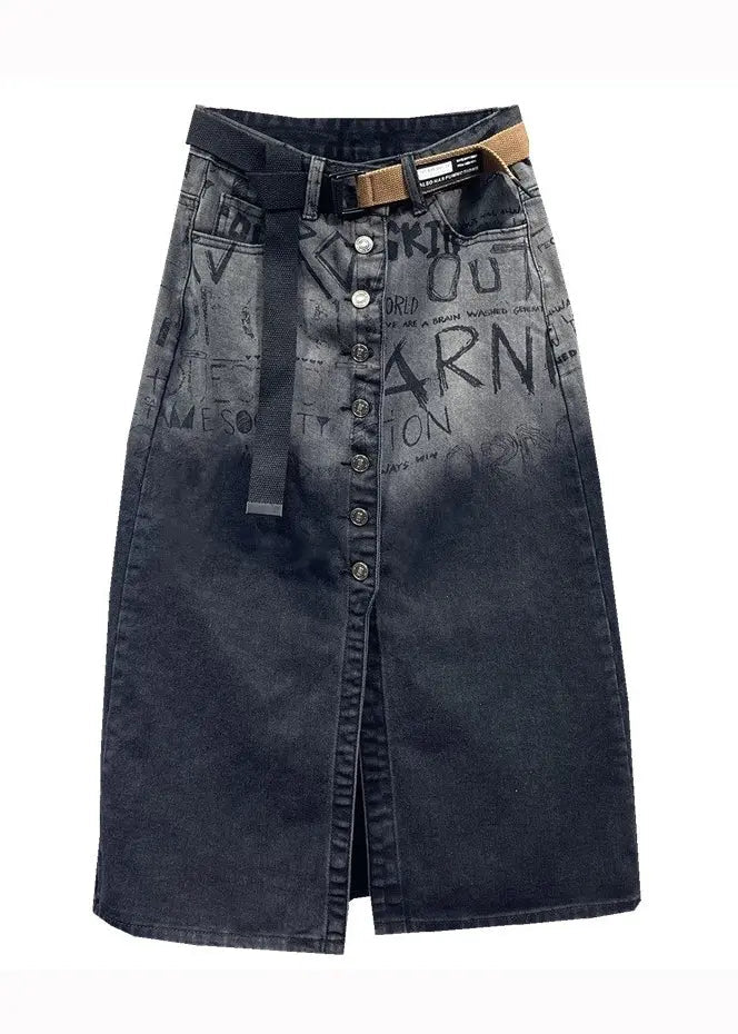 Italian Black Graphic Pockets Front Open Patchwork Denim Skirts Fall Ada Fashion