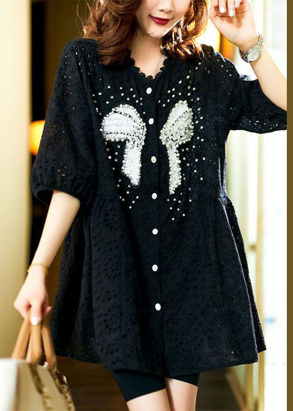 Italian Black Hollow Out Nail Bead Patchwork Cotton Shirt Top Summer LY3858