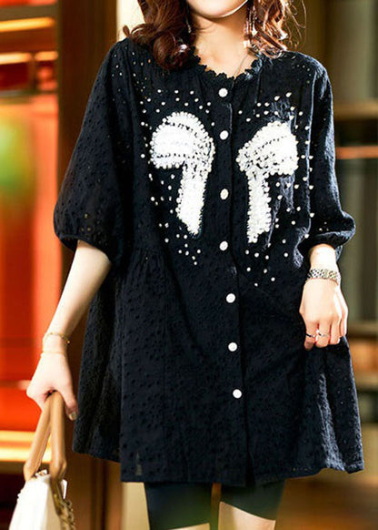 Italian Black Hollow Out Nail Bead Patchwork Cotton Shirt Top Summer LY3858 - fabuloryshop