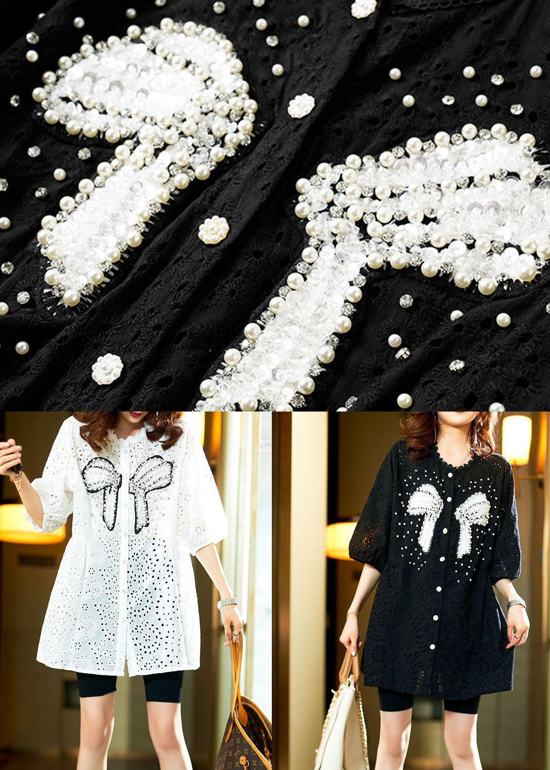 Italian Black Hollow Out Nail Bead Patchwork Cotton Shirt Top Summer LY3858 - fabuloryshop
