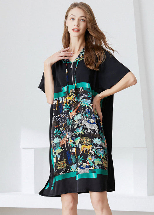 Italian Black Hooded Patchwork Print Chiffon Dress Summer LY0299 - fabuloryshop