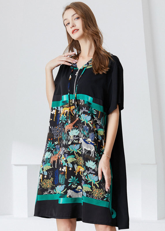 Italian Black Hooded Patchwork Print Chiffon Dress Summer LY0299 - fabuloryshop