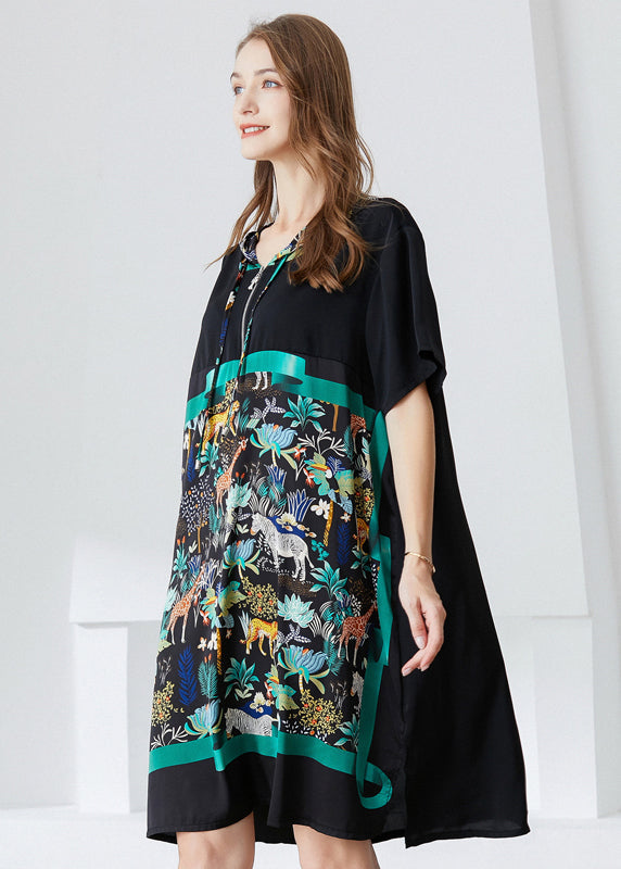 Italian Black Hooded Patchwork Print Chiffon Dress Summer LY0299 - fabuloryshop