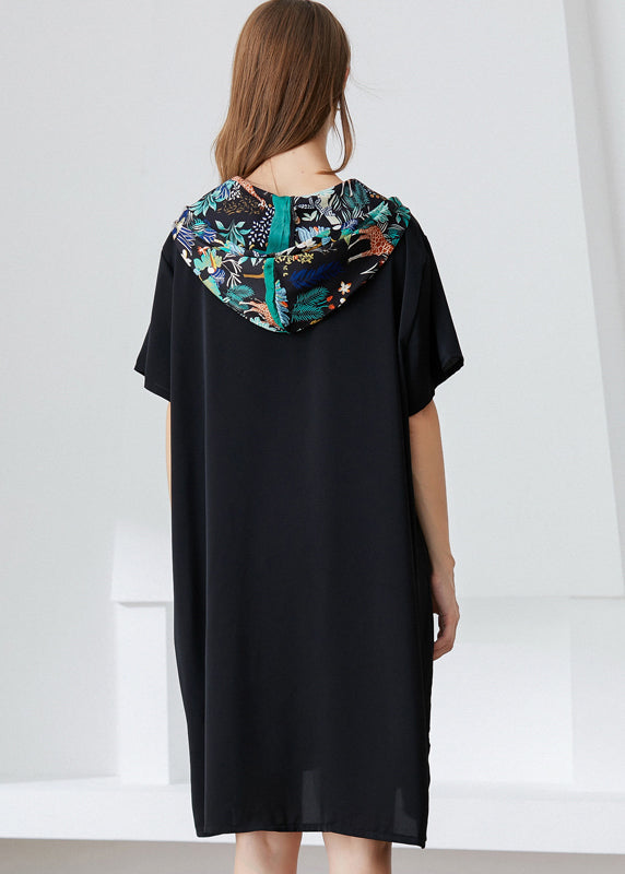 Italian Black Hooded Patchwork Print Chiffon Dress Summer LY0299 - fabuloryshop