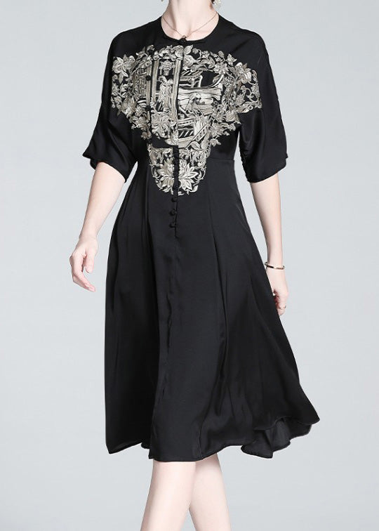 Italian Black O-Neck Embroideried Button Silk Long Dress Summer LY1034 - fabuloryshop