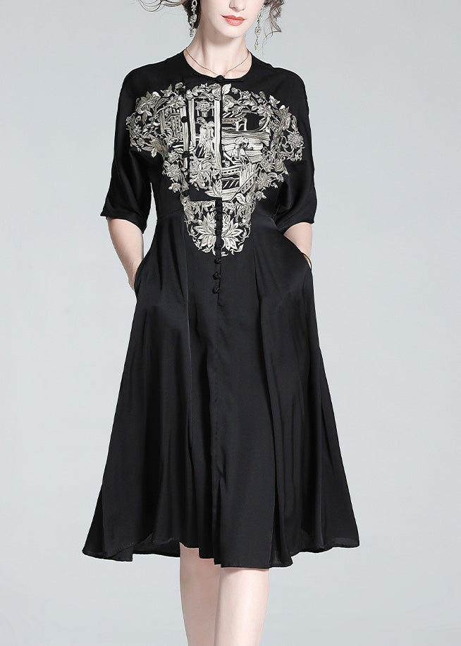 Italian Black O-Neck Embroideried Button Silk Long Dress Summer LY1034 - fabuloryshop