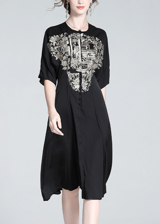 Italian Black O-Neck Embroideried Button Silk Long Dress Summer LY1034 - fabuloryshop