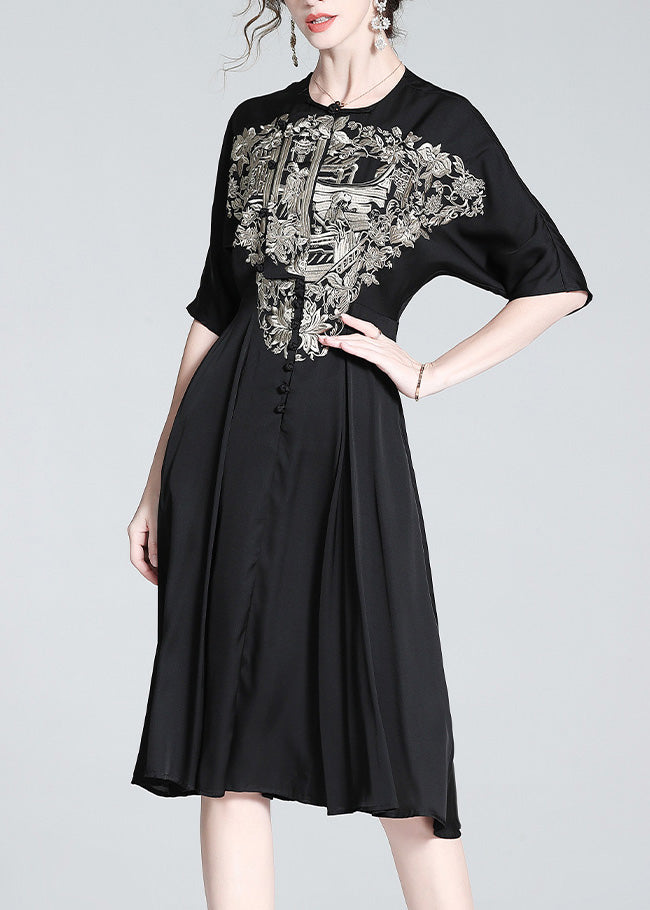 Italian Black O-Neck Embroideried Button Silk Long Dress Summer LY1034 - fabuloryshop