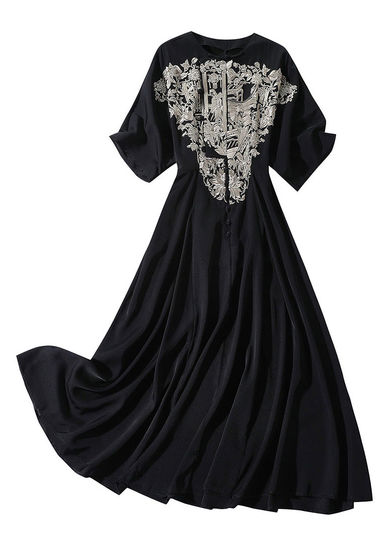 Italian Black O-Neck Embroideried Button Silk Long Dress Summer LY1034 - fabuloryshop