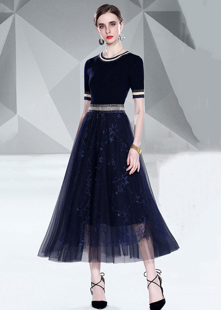 Italian Black O Neck Knit Tops And Tulle Skirts Embroideried  2 Piece Summer LY7395 - fabuloryshop