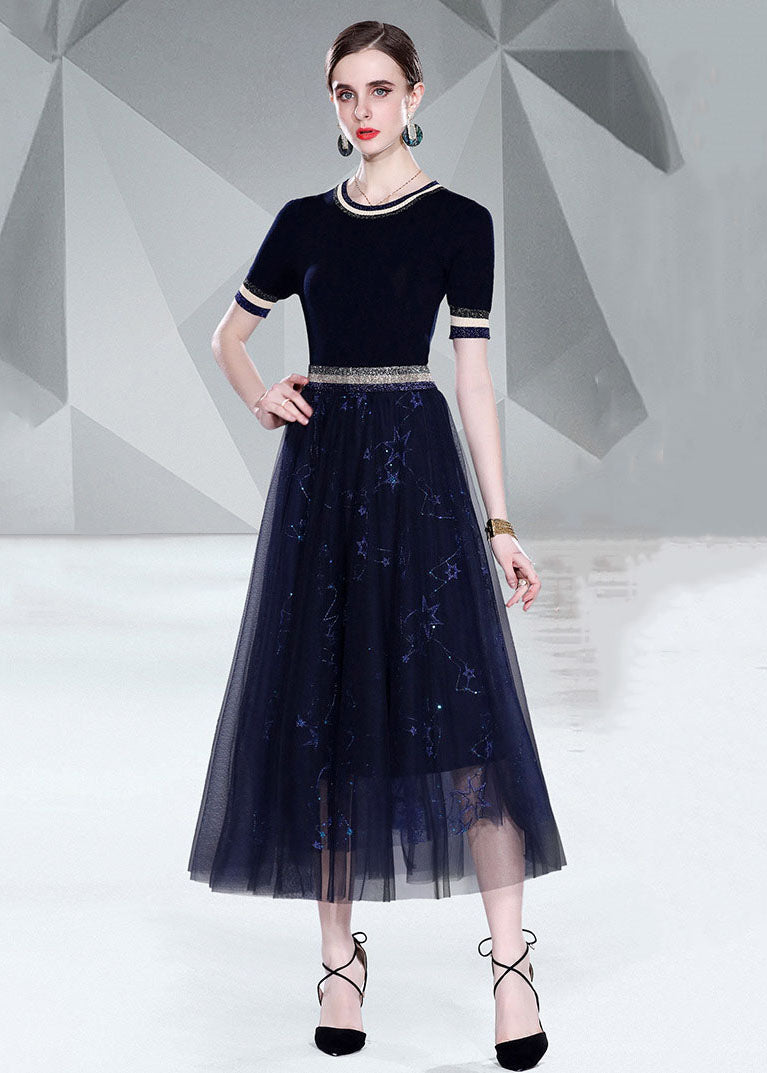 Italian Black O Neck Knit Tops And Tulle Skirts Embroideried  2 Piece Summer LY7395 - fabuloryshop