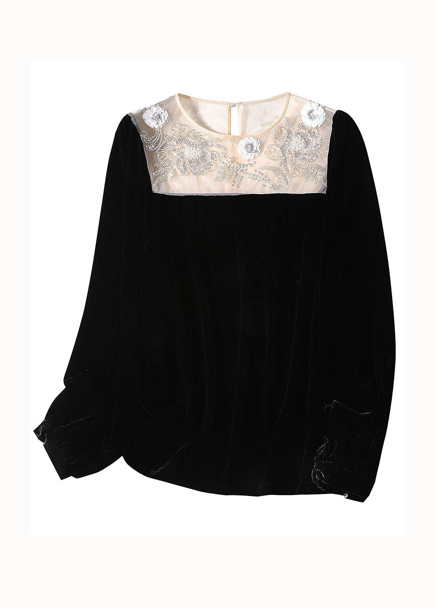 Italian Black O-Neck Nail bead Patchwork Silk Velour T Shirt Spring LY1015 - fabuloryshop
