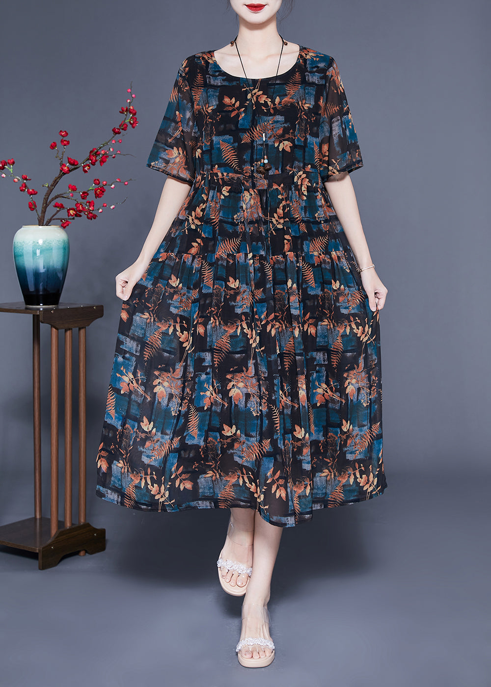 Italian Black O-Neck Oversized Print Silk Vaction Dress Summer LC0413 - fabuloryshop