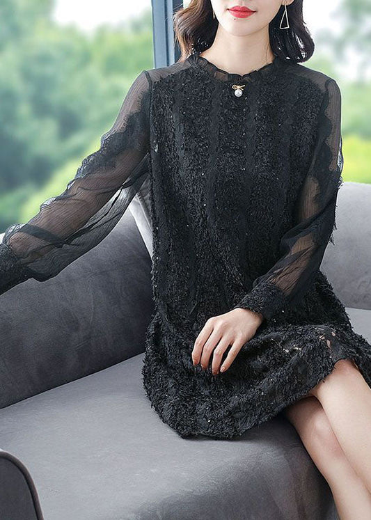 Italian Black O-Neck Patchwork Silk Mid Dress Spring LC0073 - fabuloryshop
