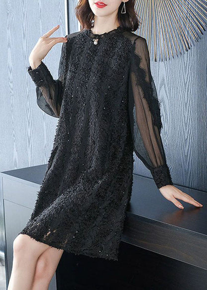 Italian Black O-Neck Patchwork Silk Mid Dress Spring LC0073 - fabuloryshop