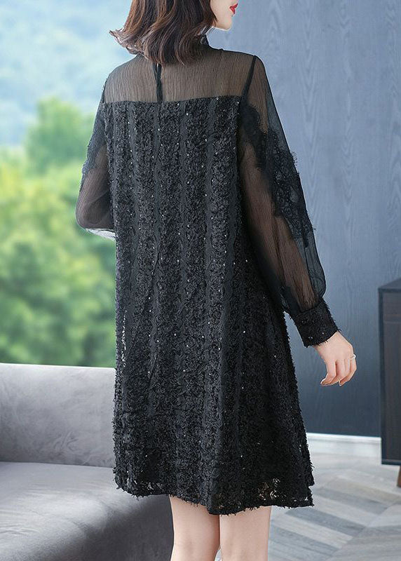 Italian Black O-Neck Patchwork Silk Mid Dress Spring LC0073 - fabuloryshop