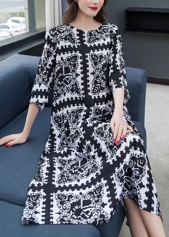 Italian Black O Neck Plaid Patchwork Chiffon Dress Half Sleeve Ada Fashion