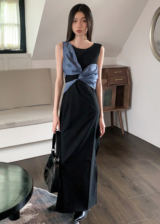 Italian Black O Neck Side Open Patchwork Cotton Dress Sleeveless Ada Fashion