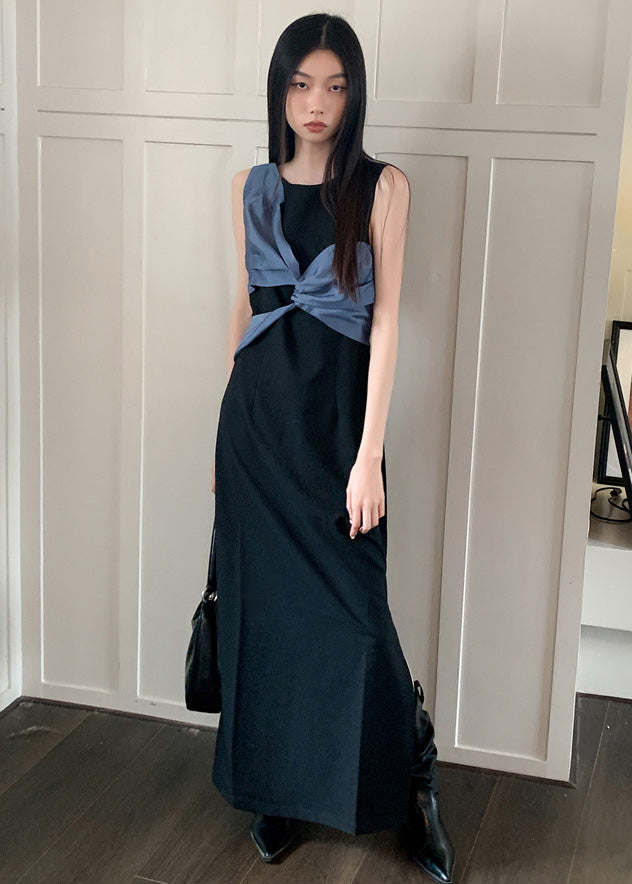 Italian Black O Neck Side Open Patchwork Cotton Dress Sleeveless Ada Fashion