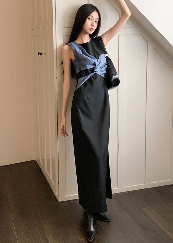Italian Black O Neck Side Open Patchwork Cotton Dress Sleeveless Ada Fashion