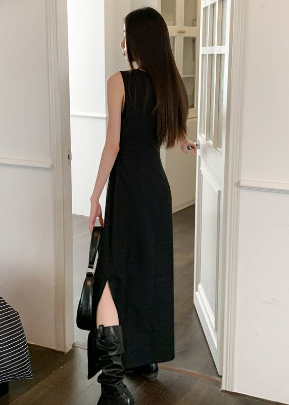 Italian Black O Neck Side Open Patchwork Cotton Dress Sleeveless Ada Fashion