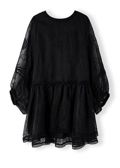 Italian Black O Neck Wrinkled Patchwork Lace Blouses Spring LY3848 - fabuloryshop