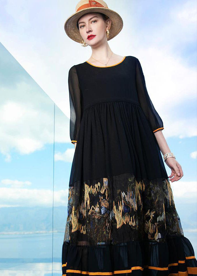 Italian Black O Neck Wrinkled Patchwork Print Silk Beach Holiday Dresses Summer LC0226 - fabuloryshop