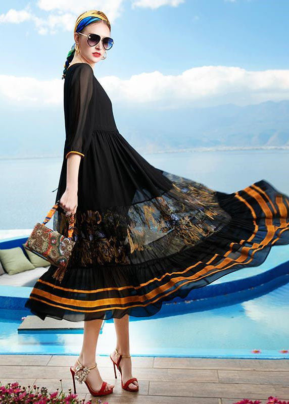 Italian Black O Neck Wrinkled Patchwork Print Silk Beach Holiday Dresses Summer LC0226 - fabuloryshop