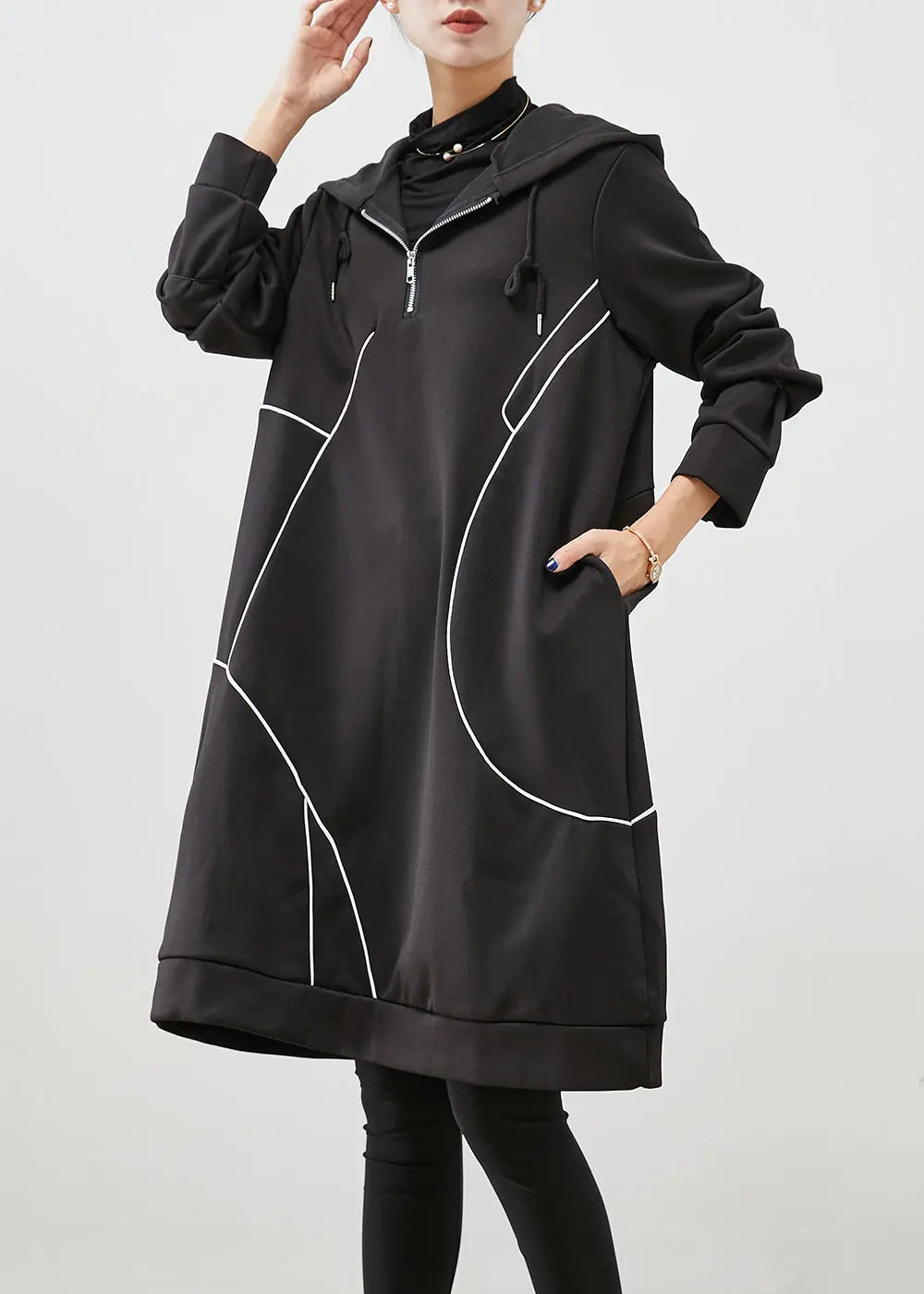 Italian Black Oversized Patchwork Cotton Sweatshirt Dress Fall Ada Fashion