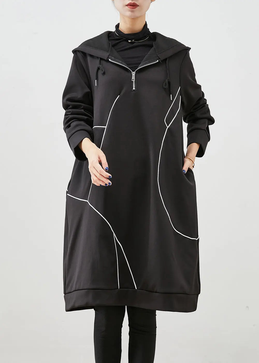 Italian Black Oversized Patchwork Cotton Sweatshirt Dress Fall Ada Fashion