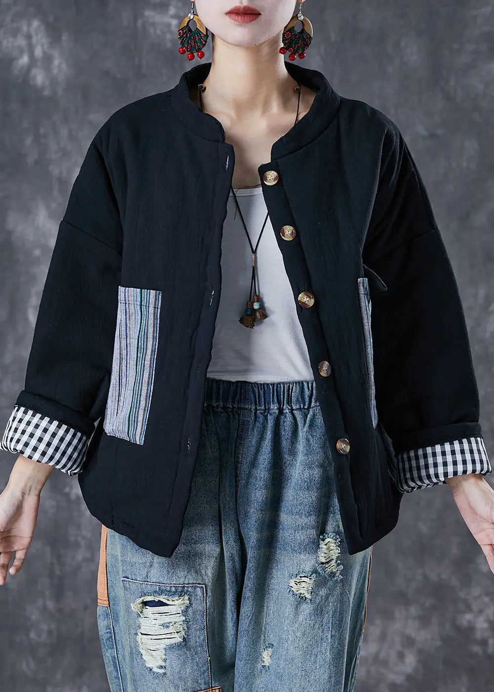 Italian Black Oversized Patchwork Fine Cotton Filled Puffer Jacket Winter Ada Fashion