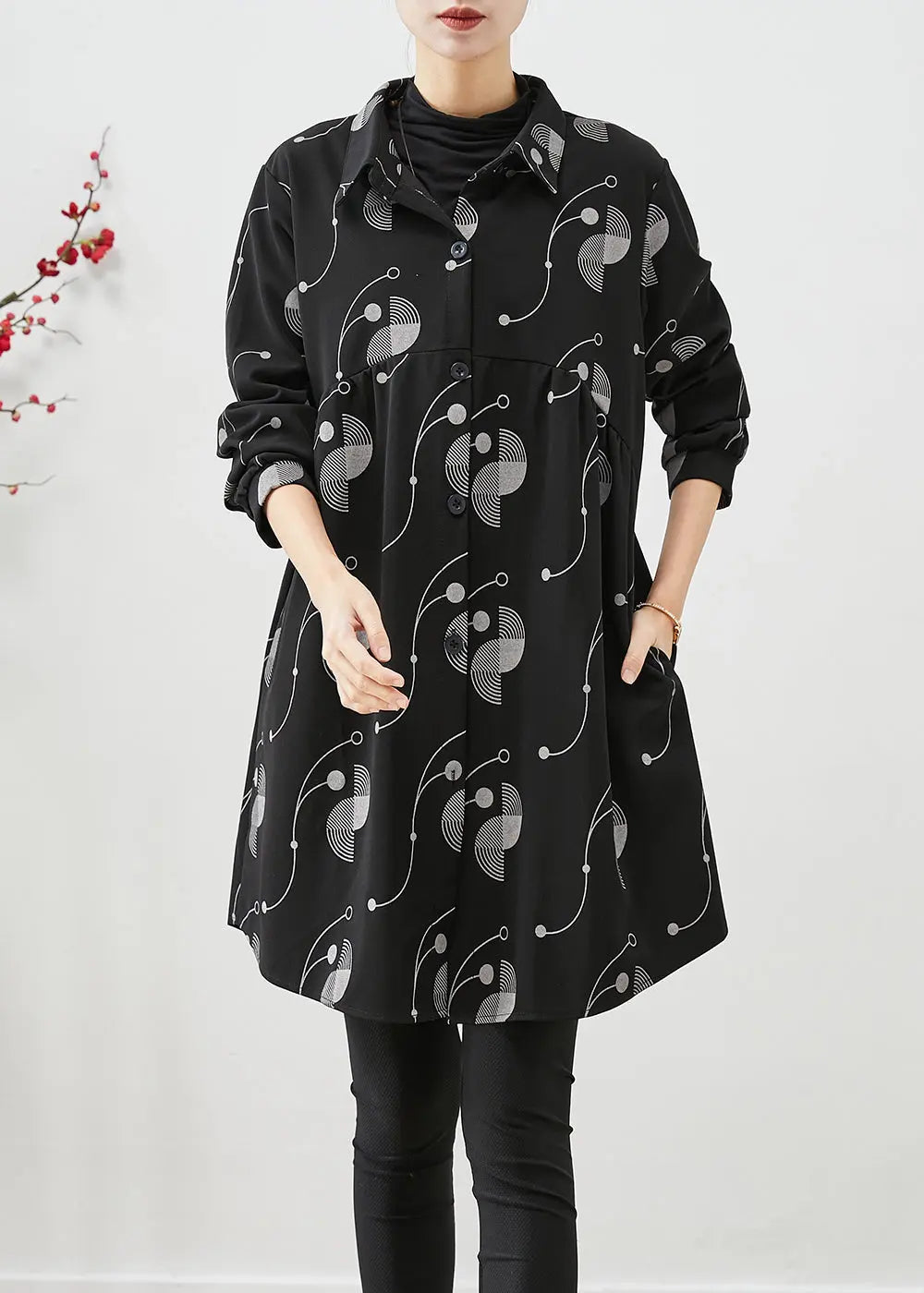 Italian Black Oversized Print Cotton Trench Fall Ada Fashion