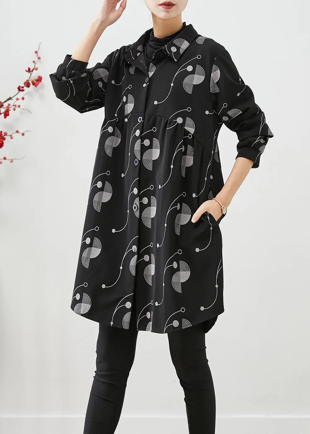Italian Black Oversized Print Cotton Trench Fall Ada Fashion