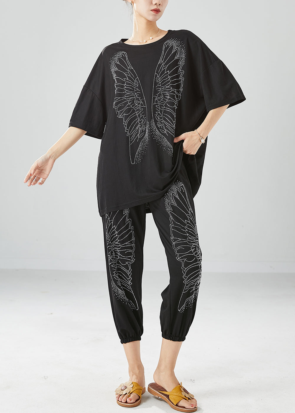 Italian Black Oversized Print Cotton Two Piece Set Women Clothing Summer LY6137 - fabuloryshop