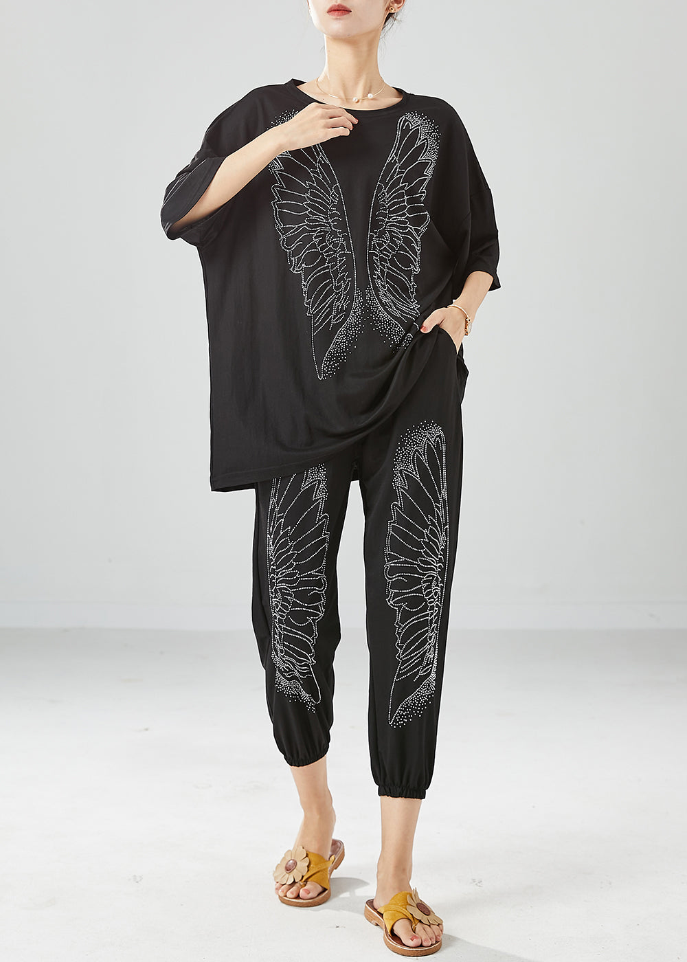 Italian Black Oversized Print Cotton Two Piece Set Women Clothing Summer LY6137 - fabuloryshop